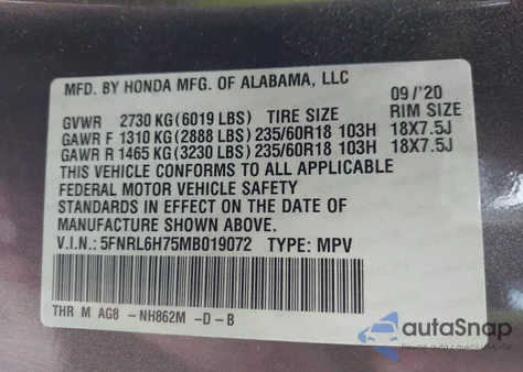 2021 Honda Odyssey Ex-L z USA, uszkodzony, nr VIN 5FNRL6H75MB019072